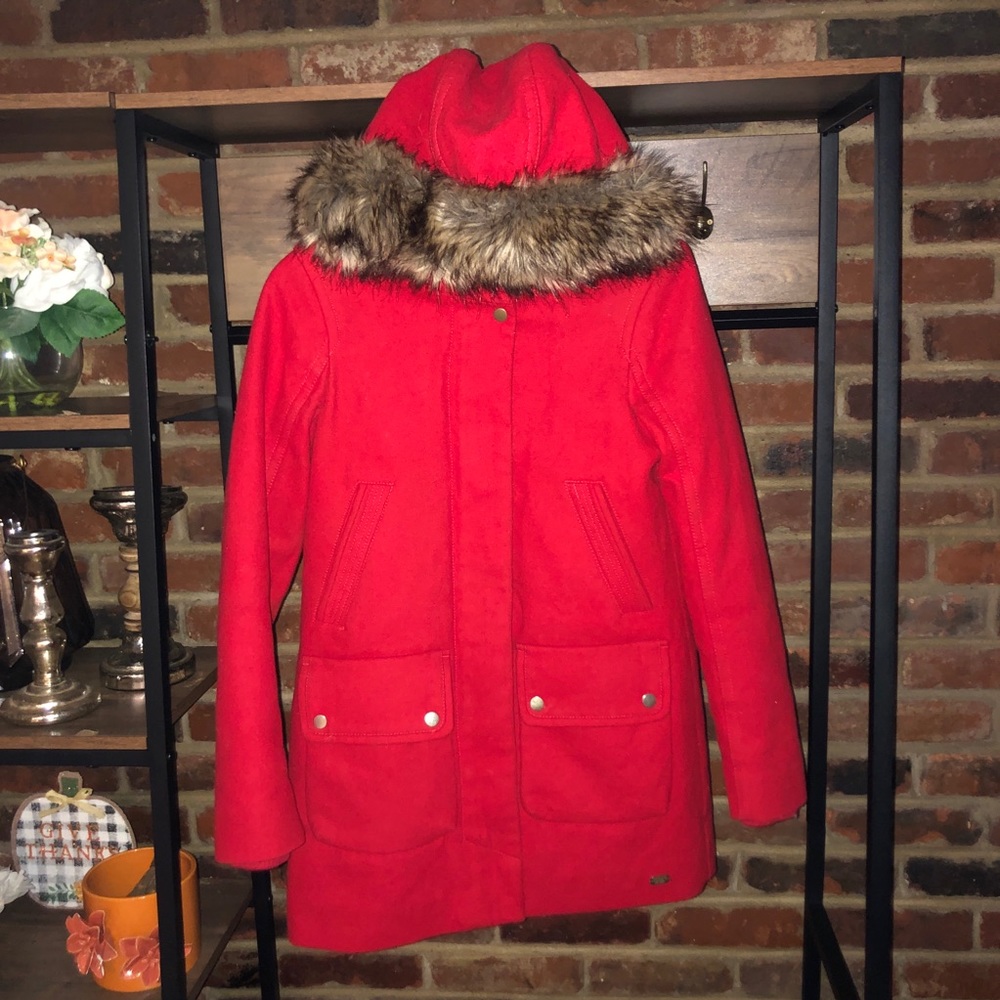 Abercrombie Red Wool Fur Hooded Parka - Sz XS - Picture 9 of 14